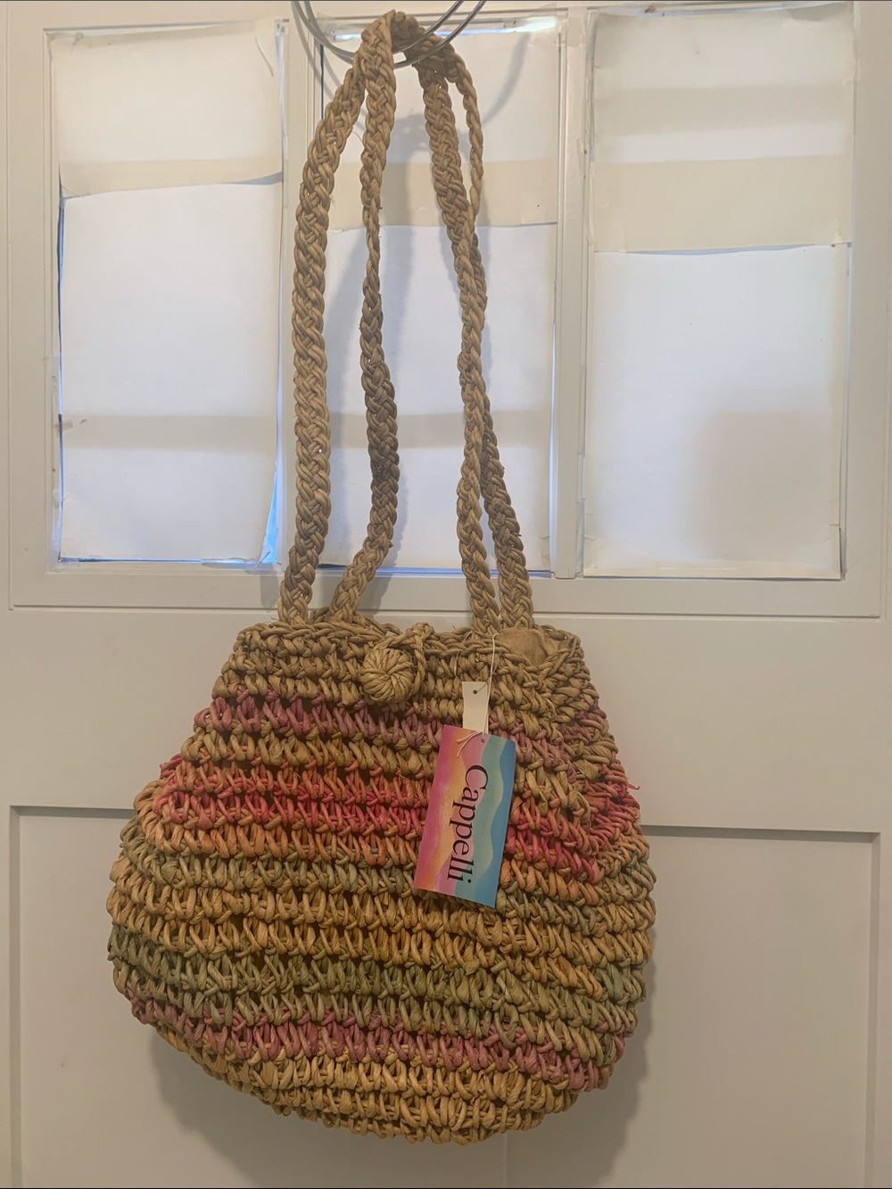 Capelli of New York Braided Straw Shoulder Bag in Natural, Pink, Yellow, Green